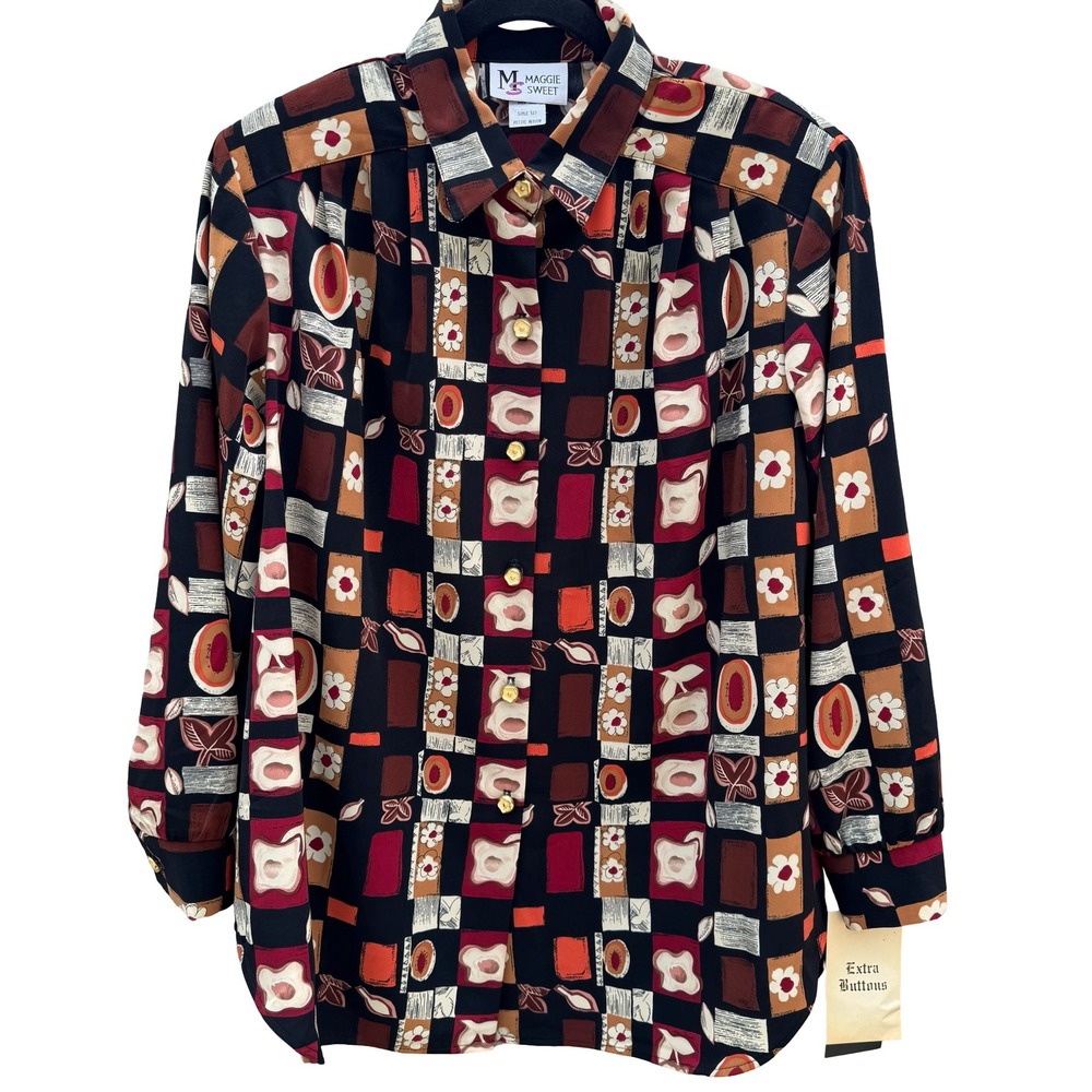 Maggie Sweet Vintage Geometric Floral Patchwork‎ Blouse Petite Med NWT Oversized